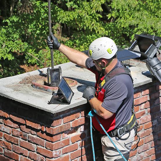 Rooftop chimney professional inspecting an open flue