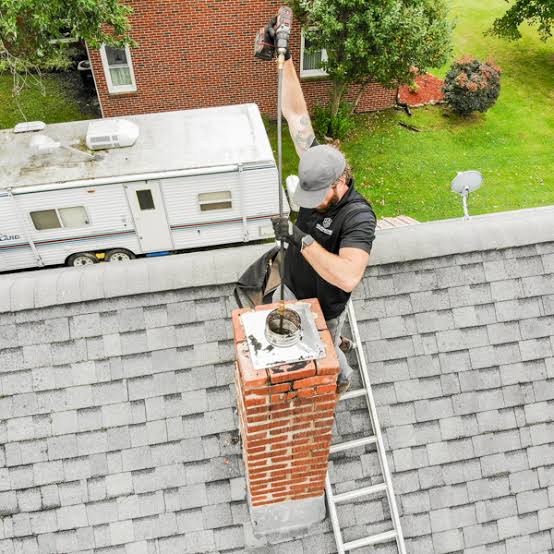 Chimney professional cleaning a flue from a residential rooftop