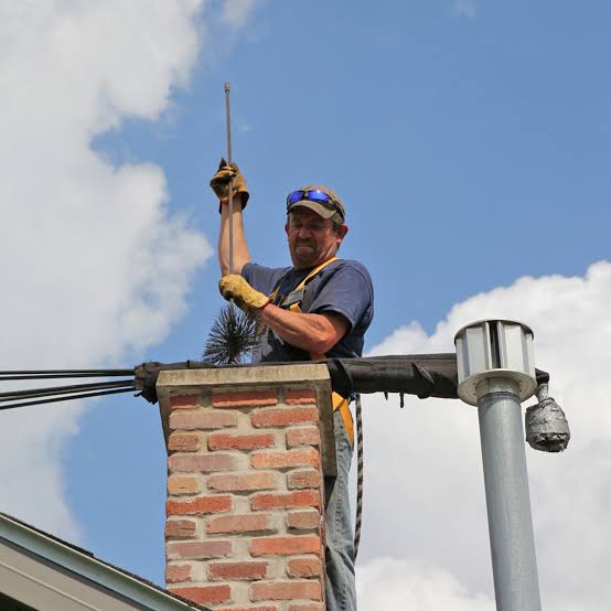 Chimney sweep brushing a residential chimney beneath a clear sky